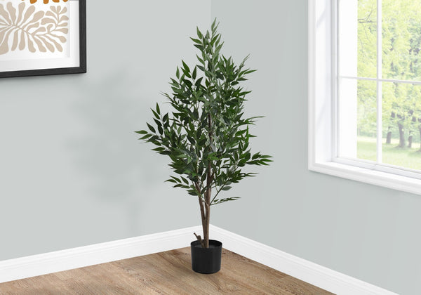 Monarch Specialties Artificial Plant, 47" Tall, Acacia Tree, Indoor, Faux, Fake, Floor, Greenery, Potted, Silk, Decorative, Green Leaves, Black Pot Green,Black, Black Plastic,Cement,Foam,Metal I 9520