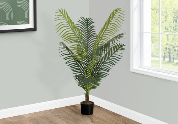 Monarch Specialties Artificial Plant, 47" Tall, Palm Tree, Indoor, Faux, Fake, Floor, Greenery, Potted, Real Touch, Decorative, Green Leaves, Black Pot Green,Black, Black Plastic,Cement,Metal,Polypropylene I 9537
