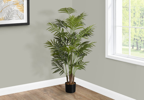 Monarch Specialties Artificial Plant, 47" Tall, Areca Palm Tree, Indoor, Faux, Fake, Floor, Greenery, Potted, Real Touch, Decorative, Green Leaves, Black Pot Green,Black, Black Plastic,Cement,Metal,Polypropylene,Pvc I 9538