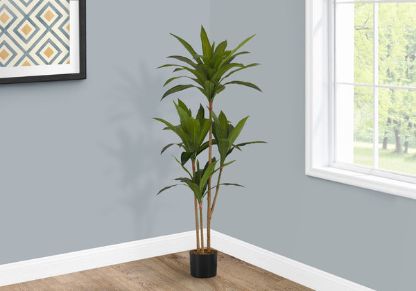 Monarch Specialties Artificial Plant, 51" Tall, Dracaena Tree, Indoor, Faux, Fake, Floor, Greenery, Potted, Real Touch, Decorative, Green Leaves, Black Pot Green,Black, Black Plastic,Cement,Metal,Polypropylene I 9543