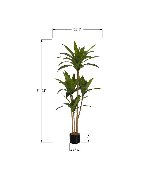Monarch Specialties Artificial Plant, 51" Tall, Dracaena Tree, Indoor, Faux, Fake, Floor, Greenery, Potted, Real Touch, Decorative, Green Leaves, Black Pot Green,Black, Black Plastic,Cement,Metal,Polypropylene I 9543