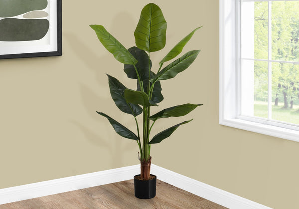 Monarch Specialties Artificial Plant, 59" Tall, Strelitzia Tree, Indoor, Faux, Fake, Floor, Greenery, Potted, Real Touch, Decorative, Green Leaves, Black Pot Green,Black, Black Plastic,Cement,Metal,Polypropylene,Pvc I 9545