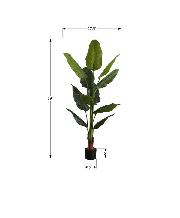 Monarch Specialties Artificial Plant, 59" Tall, Strelitzia Tree, Indoor, Faux, Fake, Floor, Greenery, Potted, Real Touch, Decorative, Green Leaves, Black Pot Green,Black, Black Plastic,Cement,Metal,Polypropylene,Pvc I 9545