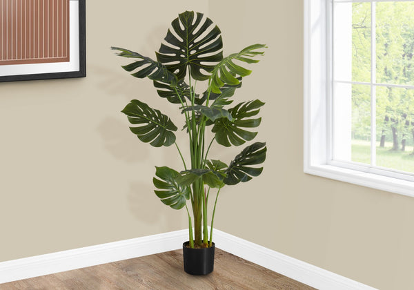 Monarch Specialties Artificial Plant, 55" Tall, Monstera Tree, Indoor, Faux, Fake, Floor, Greenery, Potted, Real Touch, Decorative, Green Leaves, Black Pot Green,Black, Black Plastic,Cement,Metal,Polypropylene I 9548