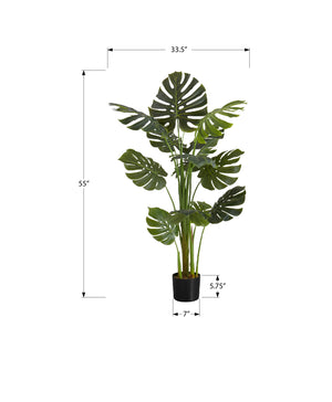 Monarch Specialties Artificial Plant, 55" Tall, Monstera Tree, Indoor, Faux, Fake, Floor, Greenery, Potted, Real Touch, Decorative, Green Leaves, Black Pot Green,Black, Black Plastic,Cement,Metal,Polypropylene I 9548