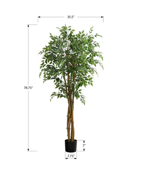 Monarch Specialties Artificial Plant, 79" Tall, Ficus Tree, Floor, Real Touch, Potted, Green Leaves, Black Pot Green,Black,Brown, Black,Brown Plastic,Cement,Foam,Metal I 9549