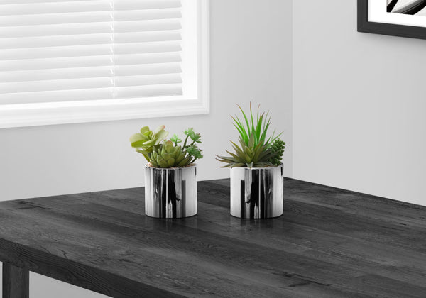 Monarch Specialties Artificial Plant, 7" Tall, Succulent, Indoor, Faux, Fake, Table, Greenery, Potted, Set Of 2, Decorative, Green Plants, Chrome Pots Green Polyethylene,Ceramic,Foam,Metal I 9550