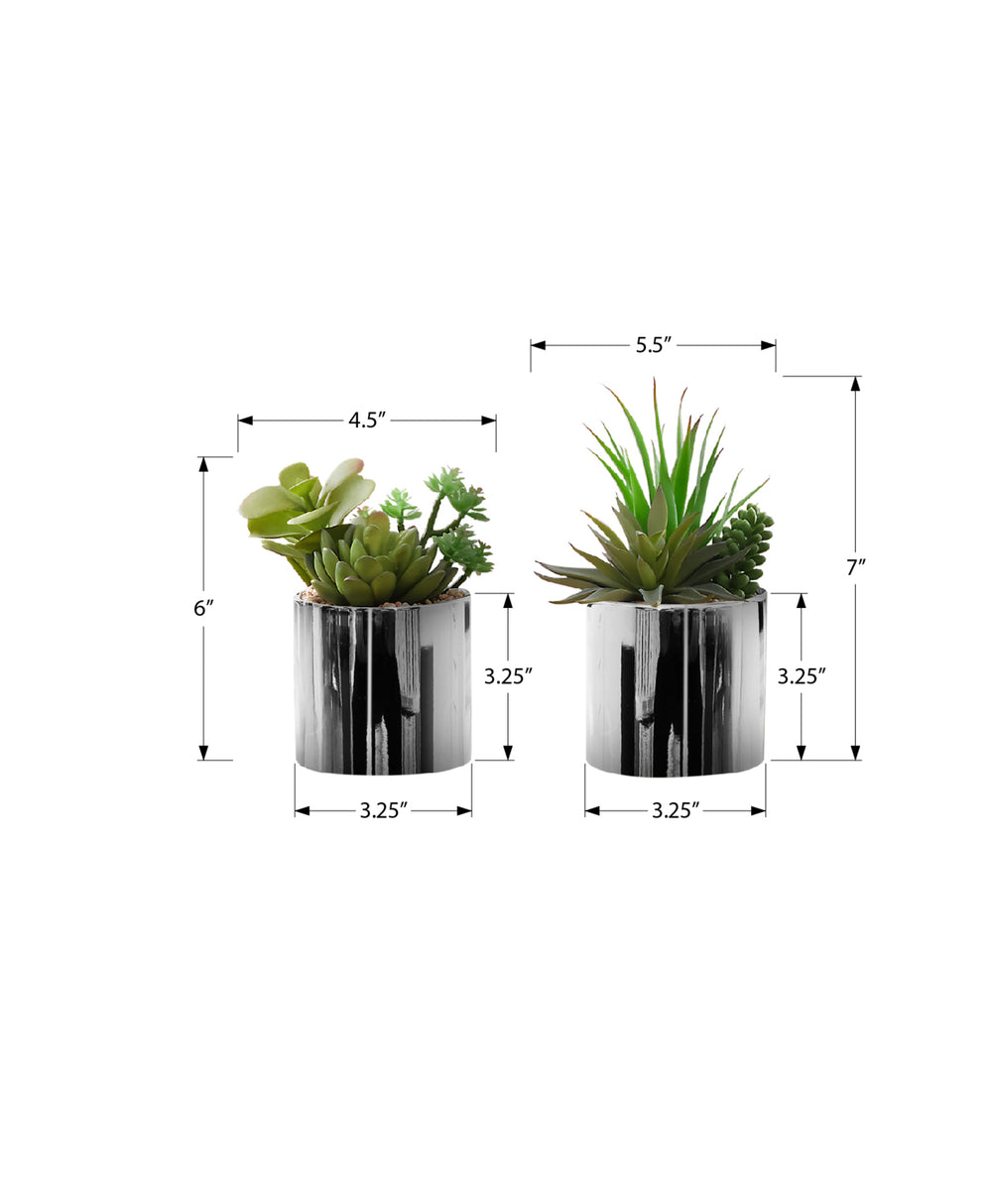 Monarch Specialties Artificial Plant, 7" Tall, Succulent, Indoor, Faux, Fake, Table, Greenery, Potted, Set Of 2, Decorative, Green Plants, Chrome Pots Green Polyethylene,Ceramic,Foam,Metal I 9550