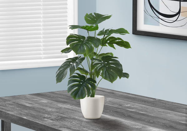 Monarch Specialties Artificial Plant, 24" Tall, Monstera, Indoor, Faux, Fake, Table, Greenery, Potted, Real Touch, Decorative, Green Leaves, White Pot Green,White, White Polyethylene,Cement,Foam,Metal,Polypropylene I 9551