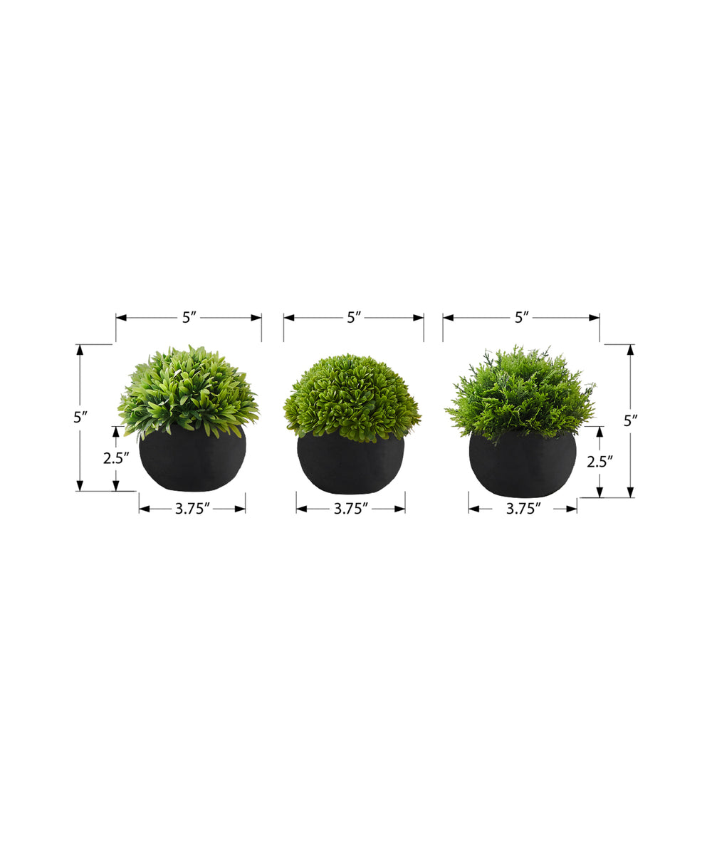 Monarch Specialties Artificial Plant, 5" Tall, Grass, Indoor, Faux, Fake, Table, Greenery, Potted, Set Of 3, Decorative, Green Plants, Black Pots Green,Black, Black Polyethylene,Foam,Metal I 9552