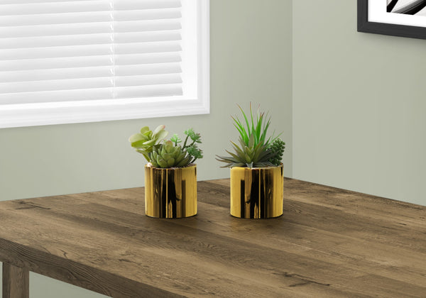 Monarch Specialties Artificial Plant, 7" Tall, Succulent, Indoor, Faux, Fake, Table, Greenery, Potted, Set Of 2, Decorative, Green Plants, Glossy Gold Pots Green,Gold, Gold Polyethylene,Ceramic,Foam,Metal I 9553