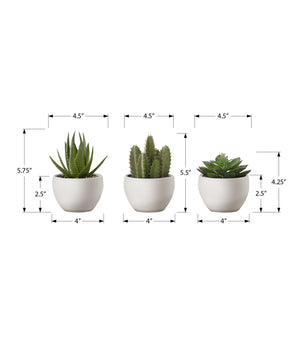 Monarch Specialties Artificial Plant, 6" Tall, Succulent, Indoor, Faux, Fake, Table, Greenery, Potted, Set Of 3, Decorative, Green Plants, White Pots Green,White, White Polyethylene,Foam,Metal I 9555