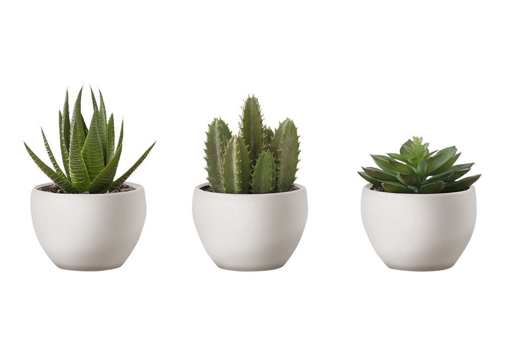 Monarch Specialties Artificial Plant, 6" Tall, Succulent, Indoor, Faux, Fake, Table, Greenery, Potted, Set Of 3, Decorative, Green Plants, White Pots Green,White, White Polyethylene,Foam,Metal I 9555