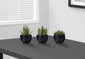 Monarch Specialties Artificial Plant, 6" Tall, Succulent, Indoor, Faux, Fake, Table, Greenery, Potted, Set Of 3, Decorative, Green Plants, Black Pots Green,Black, Black Polyethylene,Foam,Metal I 9556