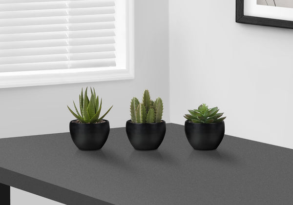 Monarch Specialties Artificial Plant, 6" Tall, Succulent, Indoor, Faux, Fake, Table, Greenery, Potted, Set Of 3, Decorative, Green Plants, Black Pots Green,Black, Black Polyethylene,Foam,Metal I 9556