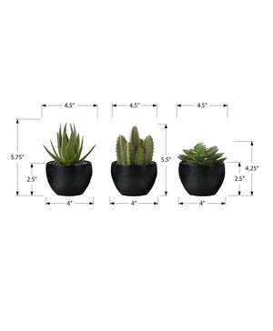 Monarch Specialties Artificial Plant, 6" Tall, Succulent, Indoor, Faux, Fake, Table, Greenery, Potted, Set Of 3, Decorative, Green Plants, Black Pots Green,Black, Black Polyethylene,Foam,Metal I 9556