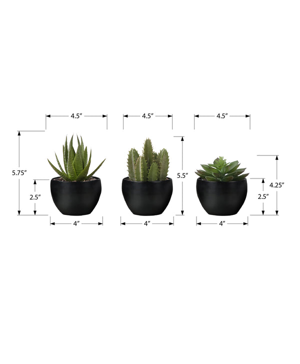 Monarch Specialties Artificial Plant, 6" Tall, Succulent, Indoor, Faux, Fake, Table, Greenery, Potted, Set Of 3, Decorative, Green Plants, Black Pots Green,Black, Black Polyethylene,Foam,Metal I 9556