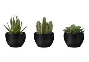 Monarch Specialties Artificial Plant, 6" Tall, Succulent, Indoor, Faux, Fake, Table, Greenery, Potted, Set Of 3, Decorative, Green Plants, Black Pots Green,Black, Black Polyethylene,Foam,Metal I 9556