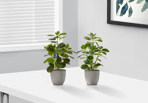 Monarch Specialties Artificial Plant, 14" Tall, Ficus, Indoor, Faux, Fake, Table, Greenery, Potted, Set Of 2, Decorative, Green Leaves, Grey Pots Green,Grey, Grey Polyethylene,Cement,Foam,Metal,Polypropylene I 9558