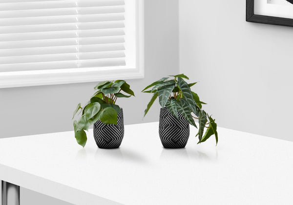 Monarch Specialties Artificial Plant, 8" Tall, Alocasia, Indoor, Faux, Fake, Table, Greenery, Potted, Set Of 2, Decorative, Green Leaves, Black Cement Pots Green,Black, Black Polyethylene,Cement,Foam,Metal I 9559