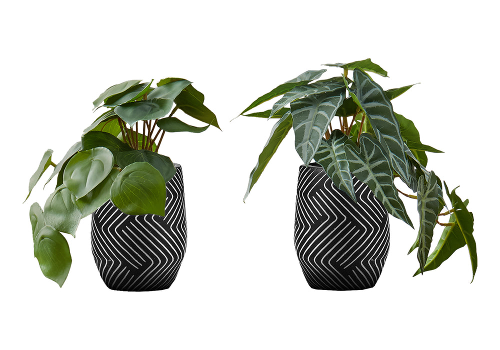 Monarch Specialties Artificial Plant, 8" Tall, Alocasia, Indoor, Faux, Fake, Table, Greenery, Potted, Set Of 2, Decorative, Green Leaves, Black Cement Pots Green,Black, Black Polyethylene,Cement,Foam,Metal I 9559