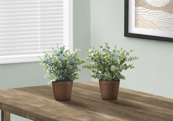 Monarch Specialties Artificial Plant, 13" Tall, Eucalyptus Grass, Indoor, Faux, Fake, Table, Greenery, Potted, Set Of 2, Decorative, Green Leaves, Brown Pots Green,Brown, Brown Polyethylene,Cement,Foam,Metal I 9560