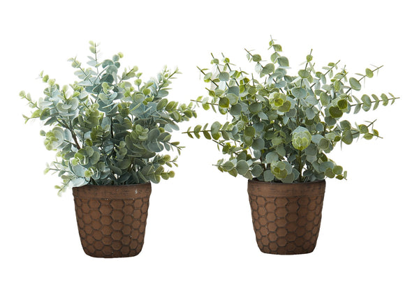 Monarch Specialties Artificial Plant, 13" Tall, Eucalyptus Grass, Indoor, Faux, Fake, Table, Greenery, Potted, Set Of 2, Decorative, Green Leaves, Brown Pots Green,Brown, Brown Polyethylene,Cement,Foam,Metal I 9560
