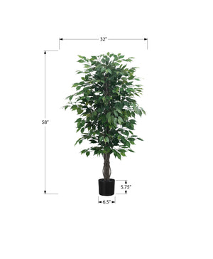 Monarch Specialties Artificial Plant, 58" Tall, Ficus Tree, Indoor, Faux, Fake, Floor, Greenery, Potted, Decorative, Green Leaves, Black Pot Green,Black, Black Plastic,Cement,Metal,Polyester,Polypropylene I 9564