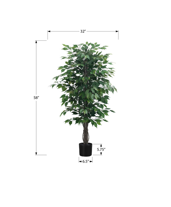 Monarch Specialties Artificial Plant, 58" Tall, Ficus Tree, Indoor, Faux, Fake, Floor, Greenery, Potted, Decorative, Green Leaves, Black Pot Green,Black, Black Plastic,Cement,Metal,Polyester,Polypropylene I 9564