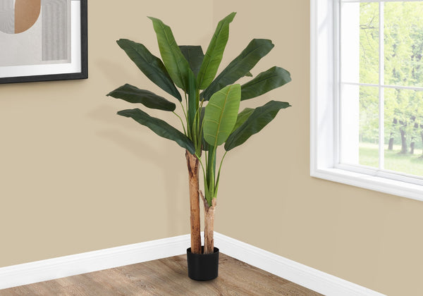 Monarch Specialties Artificial Plant, 55" Tall, Banana Tree, Indoor, Faux, Fake, Floor, Greenery, Potted, Real Touch, Decorative, Green Leaves, Black Pot Green,Black, Black Polyethylene,Cement,Metal,Polypropylene I 9568