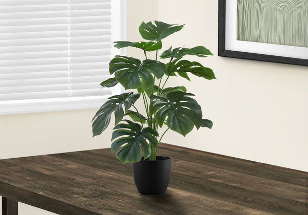 Monarch Specialties Artificial Plant, 24" Tall, Monstera, Indoor, Faux, Fake, Table, Greenery, Potted, Real Touch, Decorative, Green Leaves, Black Pot Green,Black, Black Polyethylene,Cement,Foam,Metal,Polypropylene I 9576