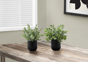 Monarch Specialties Artificial Plant, 11" Tall, Eucalyptus Grass, Indoor, Faux, Fake, Table, Greenery, Potted, Set Of 2, Decorative, Green Leaves, Black Pots Green,Black, Black Polyethylene,Cement,Foam,Metal I 9580