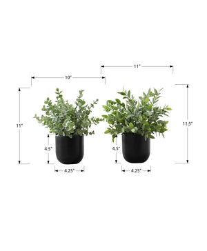 Monarch Specialties Artificial Plant, 11" Tall, Eucalyptus Grass, Indoor, Faux, Fake, Table, Greenery, Potted, Set Of 2, Decorative, Green Leaves, Black Pots Green,Black, Black Polyethylene,Cement,Foam,Metal I 9580