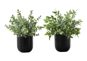 Monarch Specialties Artificial Plant, 11" Tall, Eucalyptus Grass, Indoor, Faux, Fake, Table, Greenery, Potted, Set Of 2, Decorative, Green Leaves, Black Pots Green,Black, Black Polyethylene,Cement,Foam,Metal I 9580