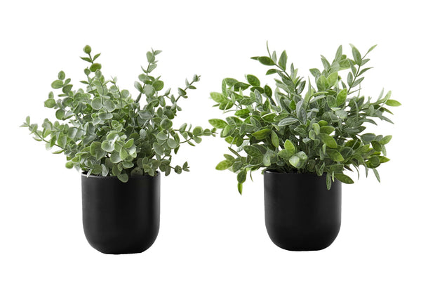 Monarch Specialties Artificial Plant, 11" Tall, Eucalyptus Grass, Indoor, Faux, Fake, Table, Greenery, Potted, Set Of 2, Decorative, Green Leaves, Black Pots Green,Black, Black Polyethylene,Cement,Foam,Metal I 9580