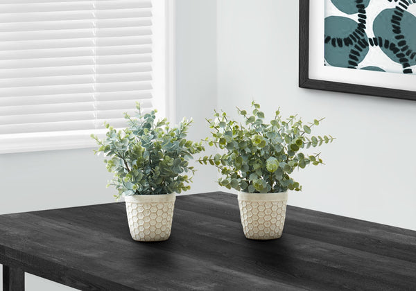 Monarch Specialties Artificial Plant, 13" Tall, Eucalyptus Grass, Indoor, Faux, Fake, Table, Greenery, Potted, Set Of 2, Decorative, Green Leaves, White Pots, Brown Pots Green,White, White Polyethylene,Cement,Foam,Metal I 9581