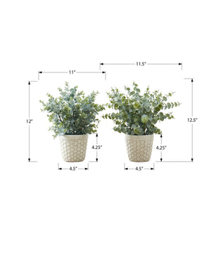 Monarch Specialties Artificial Plant, 13" Tall, Eucalyptus Grass, Indoor, Faux, Fake, Table, Greenery, Potted, Set Of 2, Decorative, Green Leaves, White Pots, Brown Pots Green,White, White Polyethylene,Cement,Foam,Metal I 9581