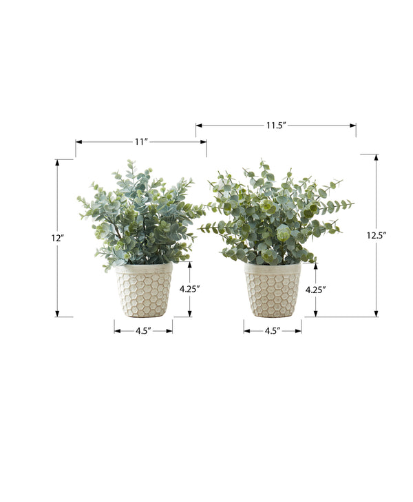 Monarch Specialties Artificial Plant, 13" Tall, Eucalyptus Grass, Indoor, Faux, Fake, Table, Greenery, Potted, Set Of 2, Decorative, Green Leaves, White Pots, Brown Pots Green,White, White Polyethylene,Cement,Foam,Metal I 9581