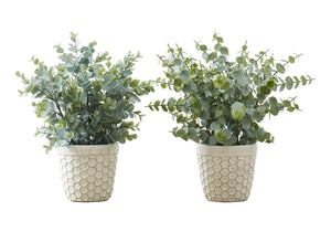 Monarch Specialties Artificial Plant, 13" Tall, Eucalyptus Grass, Indoor, Faux, Fake, Table, Greenery, Potted, Set Of 2, Decorative, Green Leaves, White Pots, Brown Pots Green,White, White Polyethylene,Cement,Foam,Metal I 9581