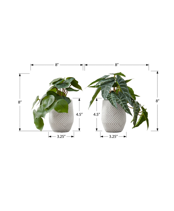 Monarch Specialties Artificial Plant, 8" Tall, Alocasia, Indoor, Faux, Fake, Table, Greenery, Potted, Set Of 2, Decorative, Green Leaves, White Cement Pots Green,Grey, Grey Polyethylene,Cement,Foam,Metal I 9582
