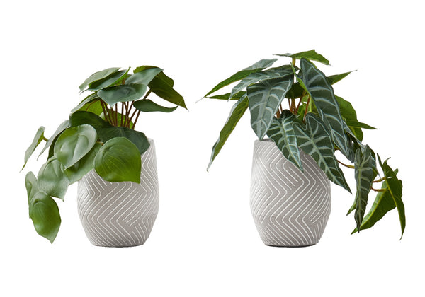 Monarch Specialties Artificial Plant, 8" Tall, Alocasia, Indoor, Faux, Fake, Table, Greenery, Potted, Set Of 2, Decorative, Green Leaves, White Cement Pots Green,Grey, Grey Polyethylene,Cement,Foam,Metal I 9582