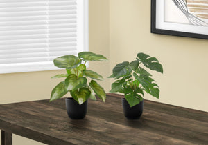 Monarch Specialties Artificial Plant, 13" Tall, Monstera Calthea, Indoor, Faux, Fake, Table, Greenery, Potted, Set Of 2, Decorative, Green Leaves, Black Pots Green,Black, Black Polyethylene,Cement,Foam,Metal,Polypropylene I 9584