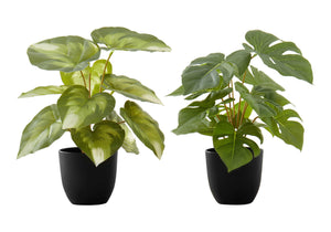 Monarch Specialties Artificial Plant, 13" Tall, Monstera Calthea, Indoor, Faux, Fake, Table, Greenery, Potted, Set Of 2, Decorative, Green Leaves, Black Pots Green,Black, Black Polyethylene,Cement,Foam,Metal,Polypropylene I 9584