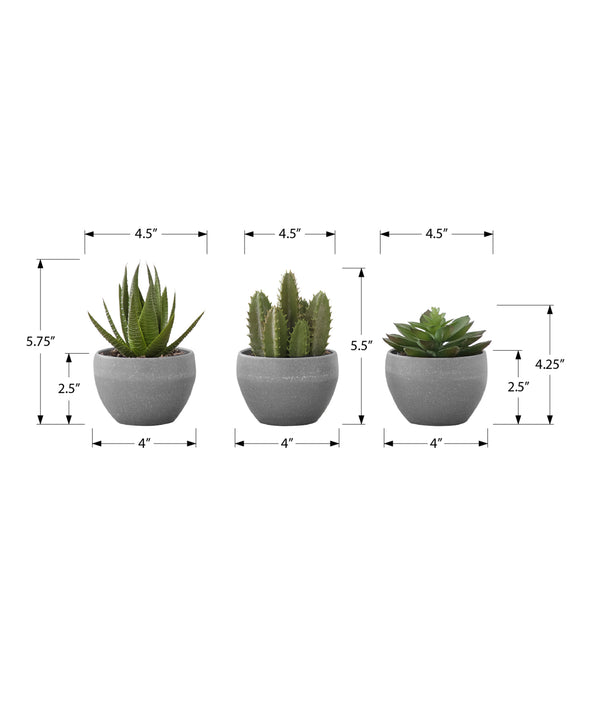 Monarch Specialties Artificial Plant, 6" Tall, Succulent, Indoor, Faux, Fake, Table, Greenery, Potted, Set Of 3, Decorative, Green Plants, Grey Cement Pots Green,Grey, Grey Polyethylene,Foam,Metal I 9587