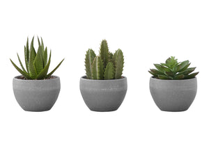 Monarch Specialties Artificial Plant, 6" Tall, Succulent, Indoor, Faux, Fake, Table, Greenery, Potted, Set Of 3, Decorative, Green Plants, Grey Cement Pots Green,Grey, Grey Polyethylene,Foam,Metal I 9587