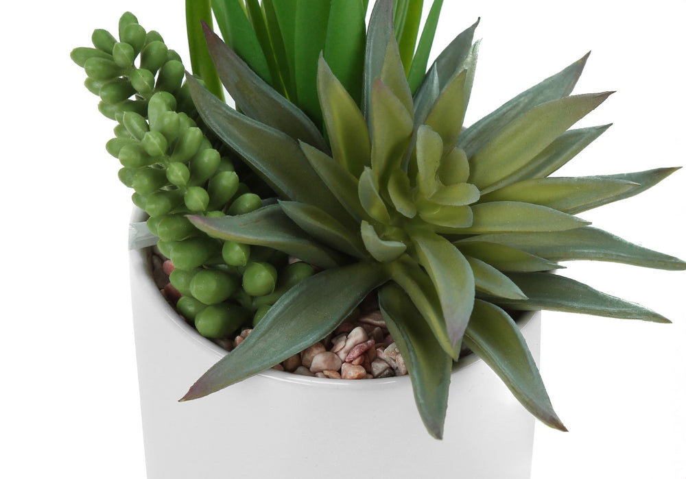 Monarch Specialties Artificial Plant, 7" Tall, Succulent, Indoor, Faux, Fake, Table, Greenery, Potted, Set Of 2, Decorative, Green Plants, White Ceramic Pots Green,White, White Polyethylene,Ceramic,Foam,Metal I 9588