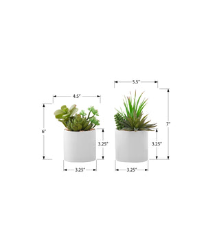 Monarch Specialties Artificial Plant, 7" Tall, Succulent, Indoor, Faux, Fake, Table, Greenery, Potted, Set Of 2, Decorative, Green Plants, White Ceramic Pots Green,White, White Polyethylene,Ceramic,Foam,Metal I 9588