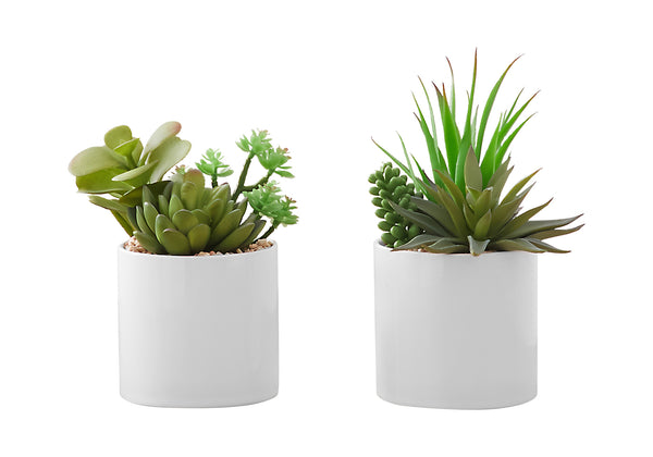 Monarch Specialties Artificial Plant, 7" Tall, Succulent, Indoor, Faux, Fake, Table, Greenery, Potted, Set Of 2, Decorative, Green Plants, White Ceramic Pots Green,White, White Polyethylene,Ceramic,Foam,Metal I 9588