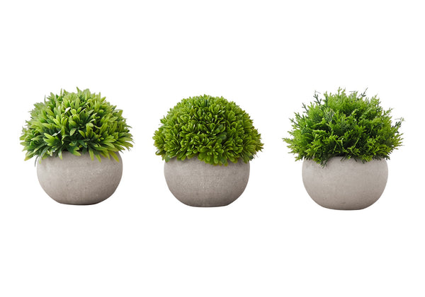 Monarch Specialties Artificial Plant, 5" Tall, Grass, Indoor, Faux, Fake, Table, Greenery, Potted, Set Of 3, Decorative, Green Plants, Grey Pots Green,Taupe, Taupe Polyethylene,Foam,Metal I 9589