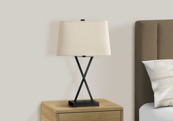 Monarch Specialties Lighting, 25"H, Table Lamp, Usb Port Included, Black Metal, Beige Shade, Transitional Black,Beige, Beige Metal,Linen I 9638